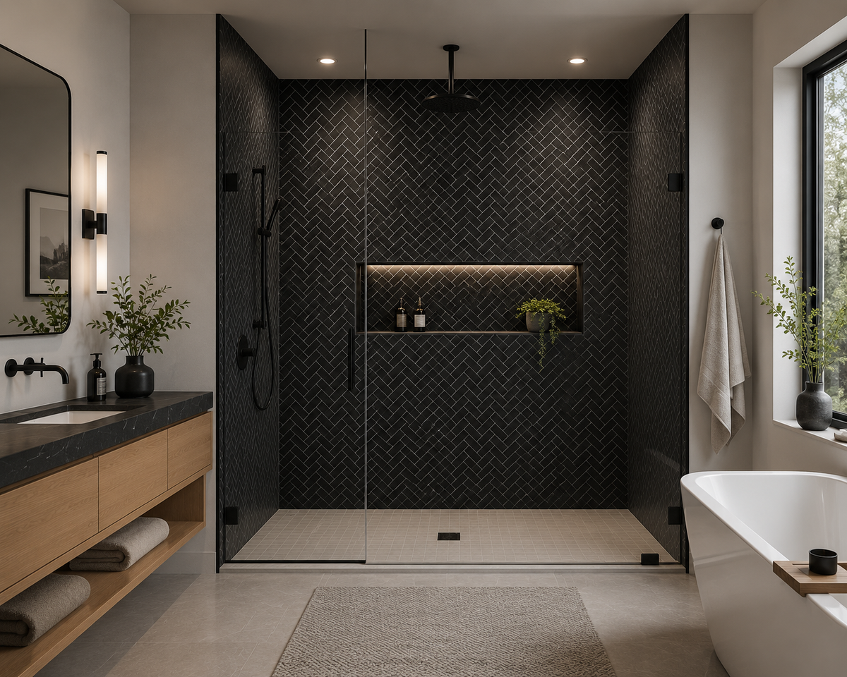 Ark Black Matte 1" x 2" Herringbone Porcelain Mosaic Tile