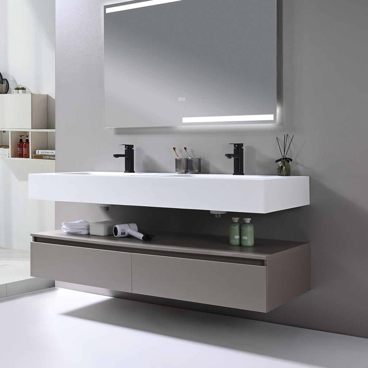Avenir 59 Inch Wall Mount Double Sink Bathroom Vanity, Light Brown - manufacturer photo