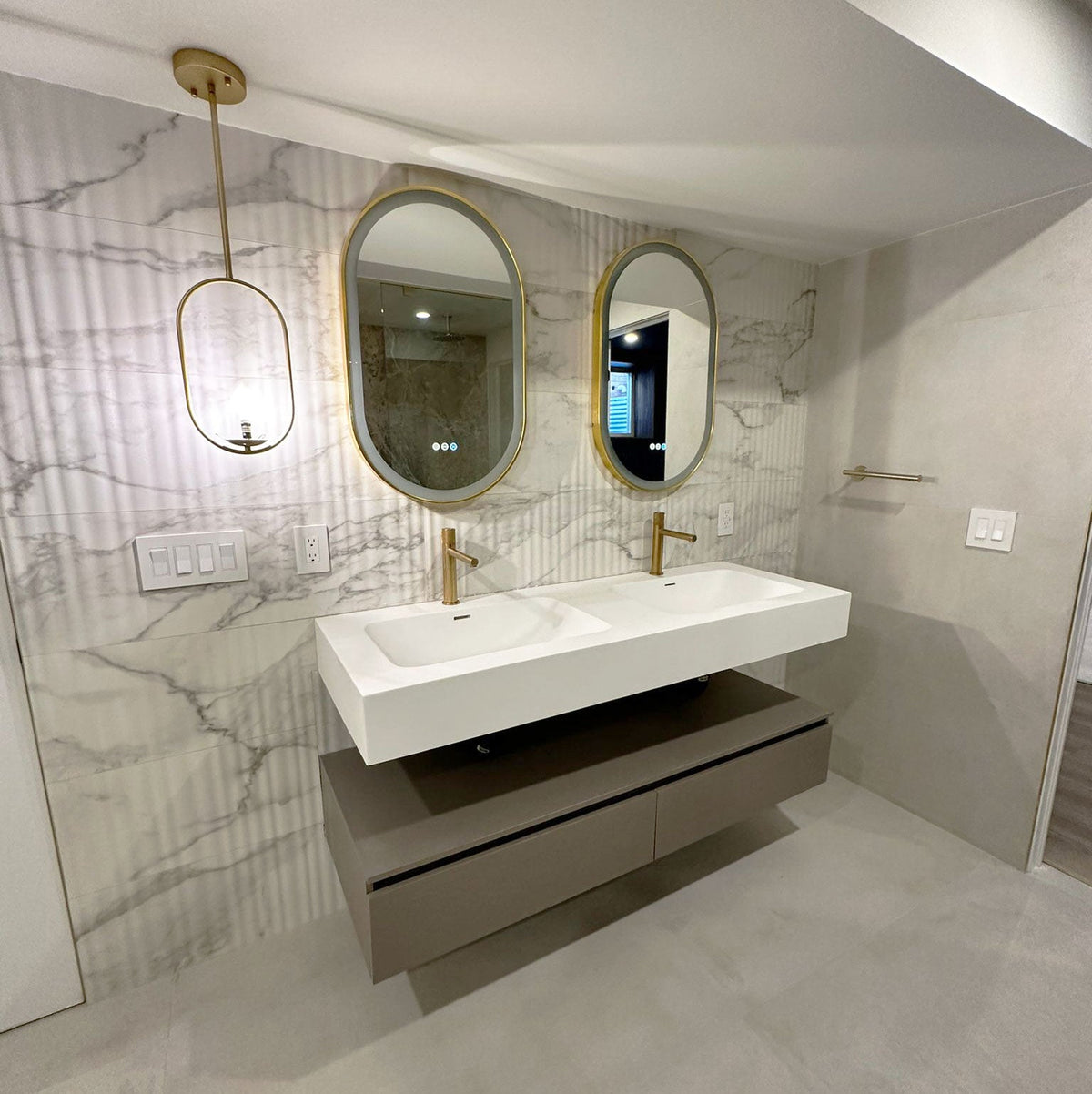 Avenir 59 Inch Wall Mount Double Sink Bathroom Vanity, Light Brown - manufacturer photo