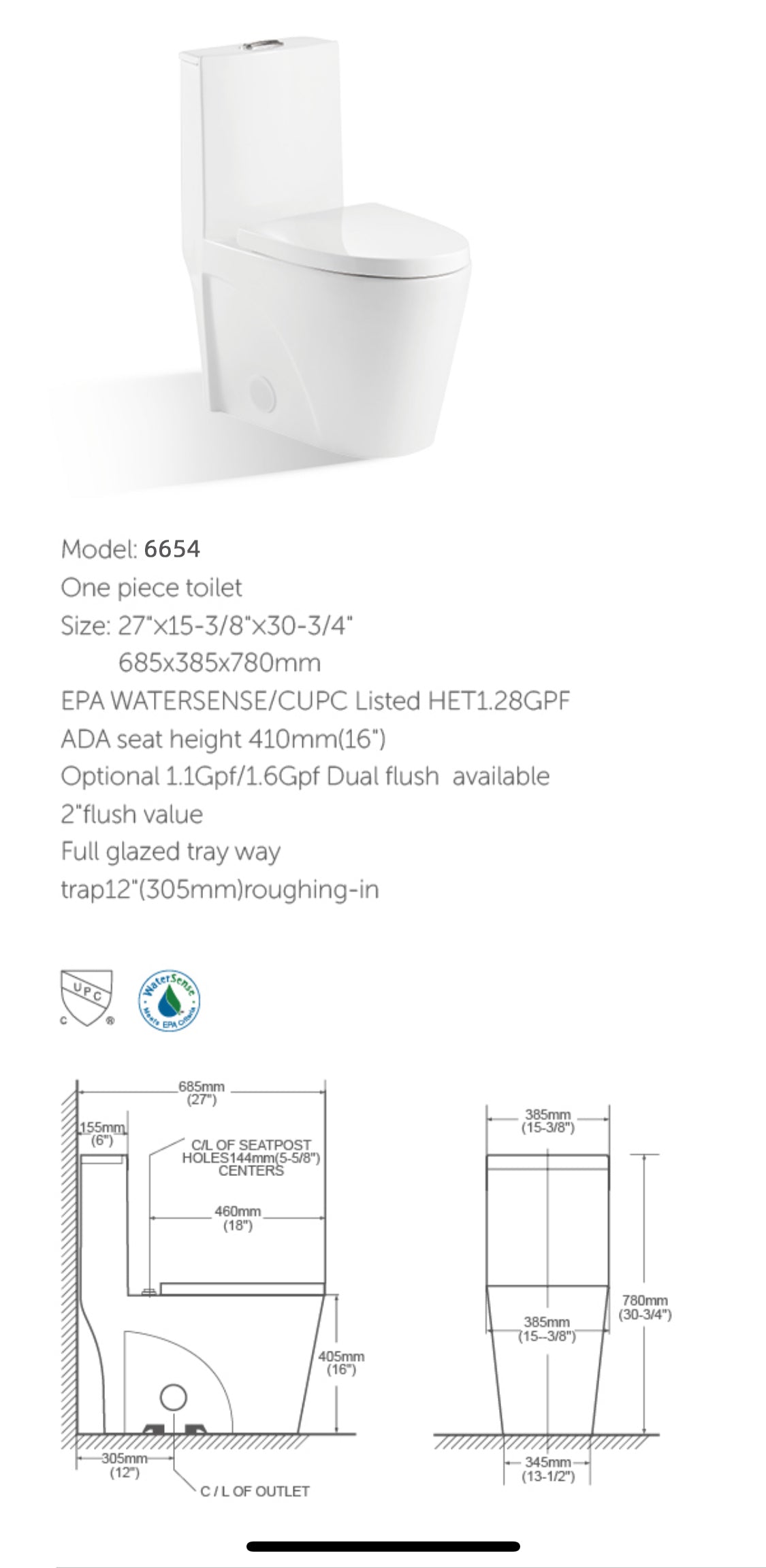 Kodaen Compact Elongated One-Piece Toilet