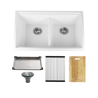 Kodaen 32-Inch Double-Bowl Quartz Composite Workstation Kitchen Sink