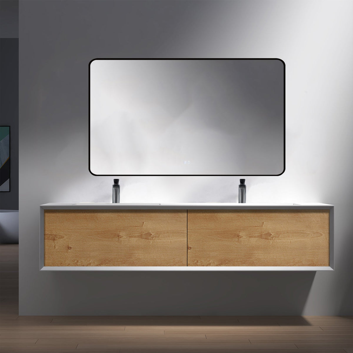 Kodaen 55-Inch Wall-Mount Double-Sink Bathroom Vanity — Wood