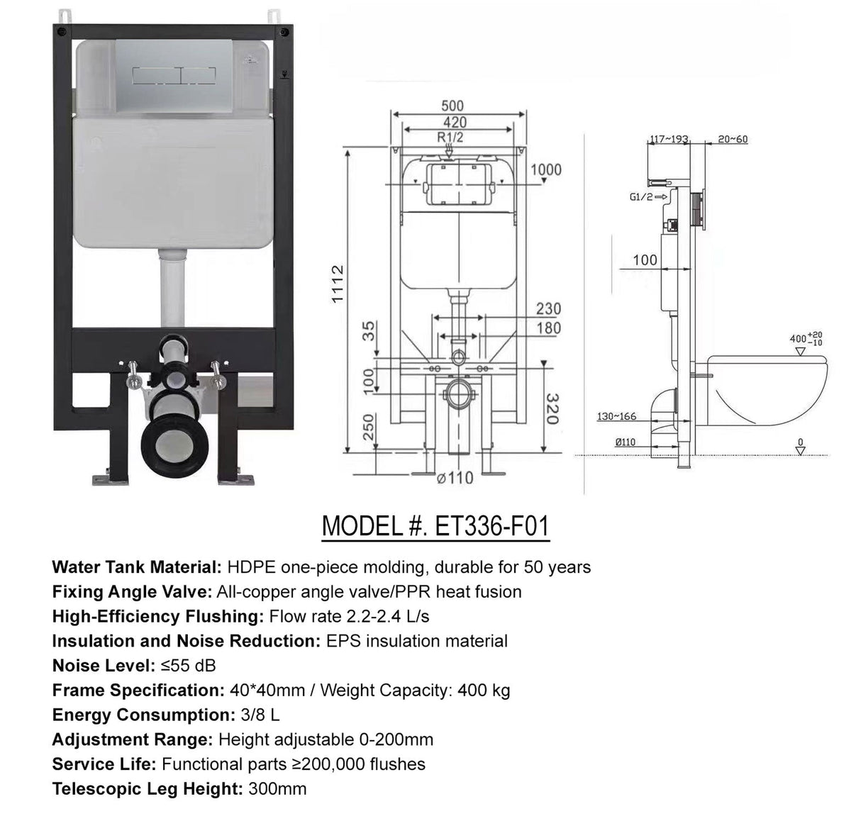 ET336-F01 in-wall cistern and frame dimension drawing